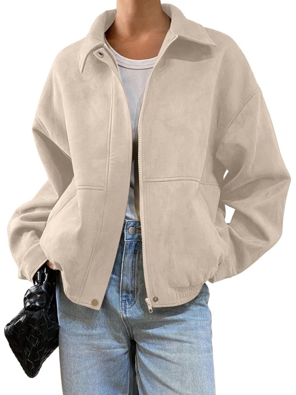 〽️Women's Beige Faux Suede Oversized Zip Up Cropped Lapel Collar Bomber Jacket
